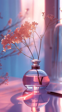 a glass vase with pink liquid and flowers
