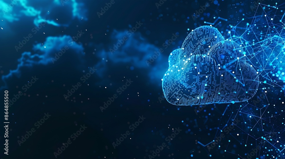 Fototapete Cloud and edge computing technology concept cybersecurity data protection White cloud with binary code connected polygons on dark blue background Connect business networks in the digit : Generative AI