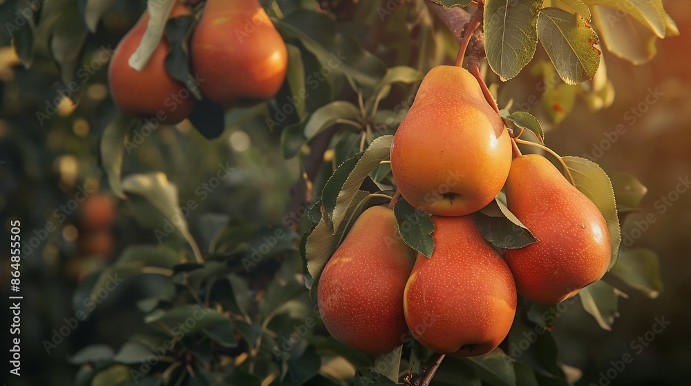 Poster bunch of ripe pears on tree branch nature background : generative ai