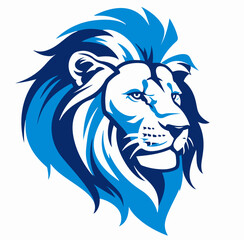 lion head mascot vector logo, flat vector, white background blue logo