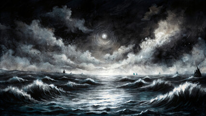 Dramatic seascape with a lone figure battling a stormy night