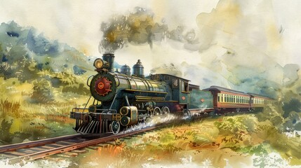 Fototapeta premium Old-fashioned train in a landscape scene rendered in watercolors
