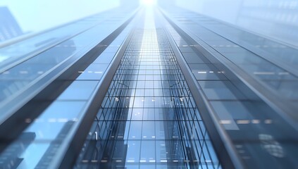 Looking up at modern skyscrapers made of glass and steel. Concept of business, finance, architecture, and urban city life.