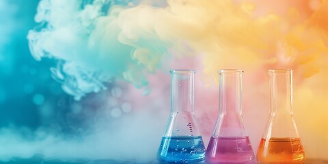 Colorful chemical reactions in glass beakers with rising smoke against a vibrant background, capturing the essence of science in motion.