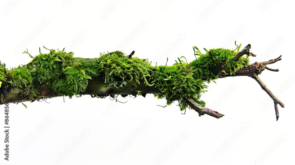 Poster green moss on rotten branch isolated on white side view : generative ai