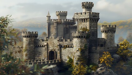 Majestic medieval castle perched on a cliff, overlooking a sweeping valley. Concept of history, fantasy, architecture, and adventure
