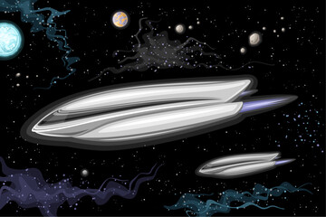 Fototapeta premium Vector card with Futuristic Spaceships, astronomical horizontal poster with cartoon design strange alien spaceship, flying in deep space, extraterrestrial spaceships on black starry space background