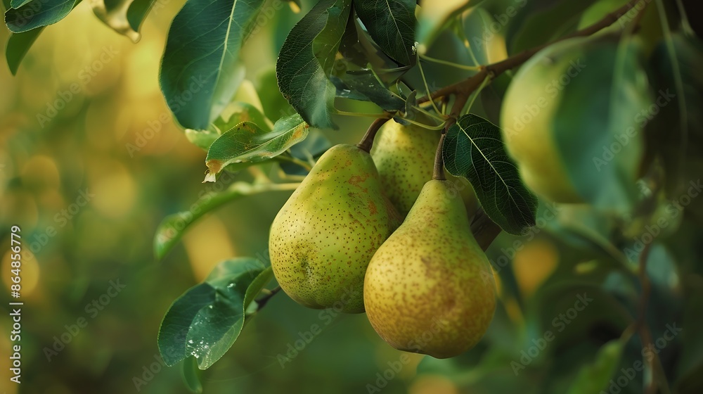 Poster pear on a branch green pears among the leaves unripe fruits selective soft focus : generative ai