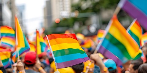 Fototapeta premium Colorful LGBTQ pride parade in the city with vibrant rainbow flags waving in support of equality and diversity on a sunny day.