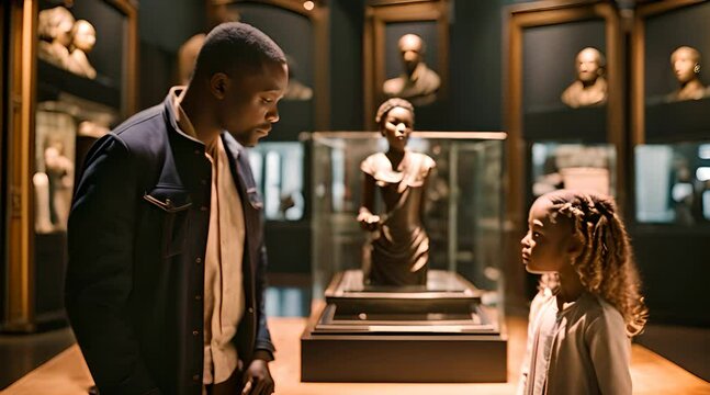African American man and his little daughter looking at an antique statue exhibit in a history museum - Powered by Adobe