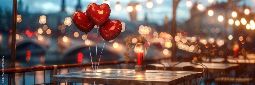 Poster a romantic evening dinner setting with a table and heart-shaped balloons against a beautiful city pa