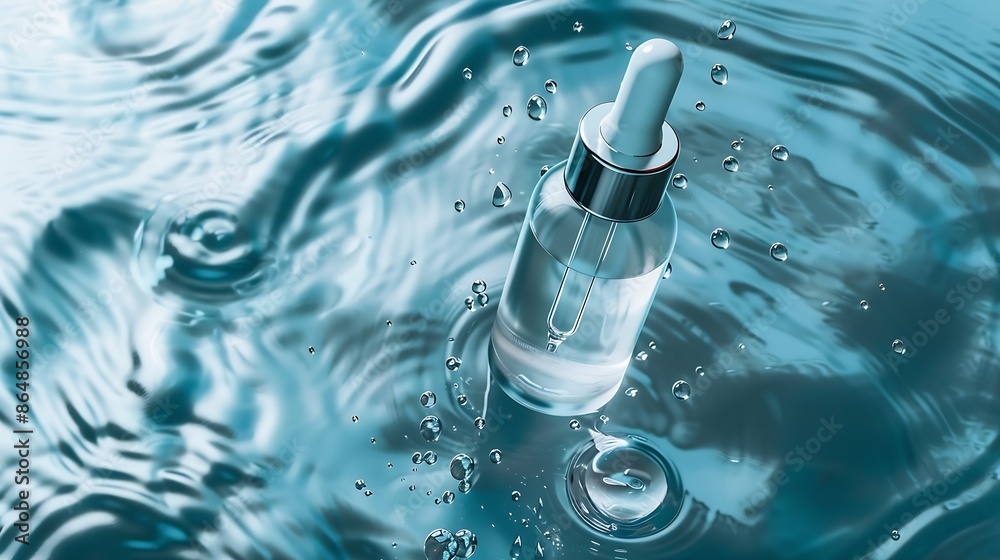 Poster serum in transparent bottle with dropper on the water surface blank label for marking model summer w