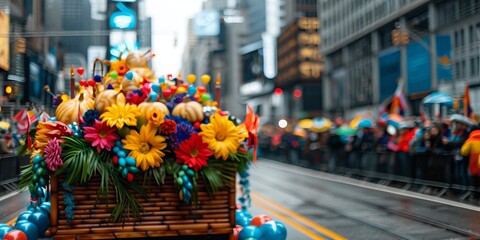 Colorful parade float adorned with vibrant flowers and decorations in a lively urban street setting, spectators in the background.