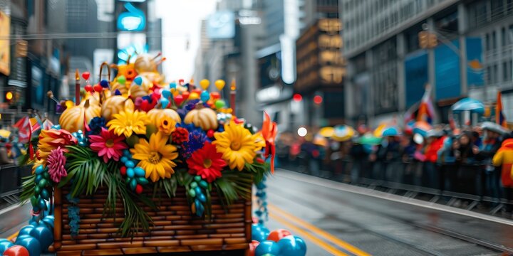 Colorful parade float adorned with vibrant flowers and decorations in a lively urban street setting, spectators in the background.