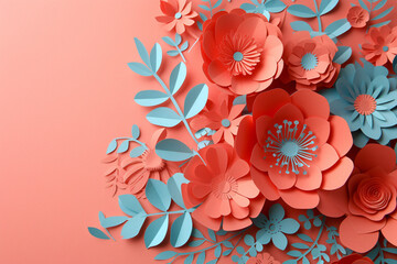 paper flowers and leaves on a coral background