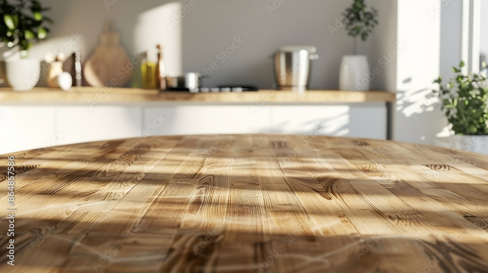 Poster empty beautiful round wood tabletop counter on interior in clean and bright kitchen background ready