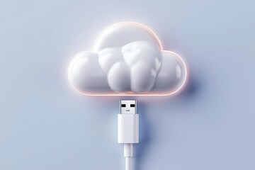 Conceptual image of cloud storage technology with a USB cable connected to a cloud symbol, representing digital data and online storage.