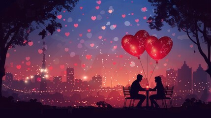 Silhouette of a couple enjoying a romantic dinner date in a city park with heart-shaped balloons floating above. Generative AI