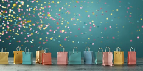 Colorful shopping bags lined up with confetti falling from the sky, creating a festive and vibrant atmosphere on a teal background.