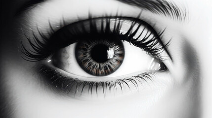 High-Contrast Black and White Close-Up of an Eye with Detailed Iris and Long Eyelashes