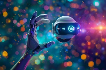 Fototapeta premium Person holding futuristic VR device, surrounded by vibrant digital effects, representing cutting-edge virtual reality technology and innovation.