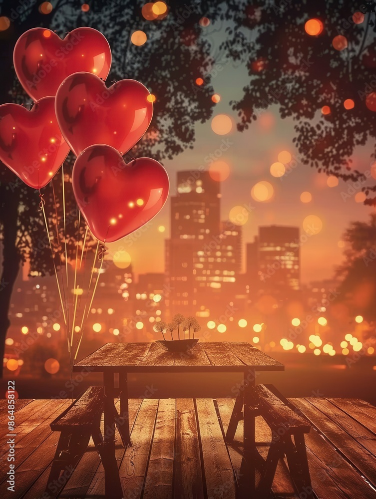 Poster a romantic evening scene with a wooden table and benches set for two. heart-shaped balloons float in