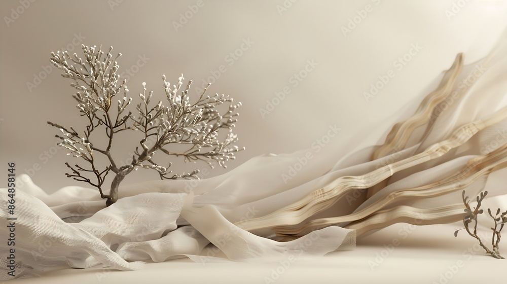Poster abstract nature scene with a composition of juniper and dry snags neutral beige background for cosme