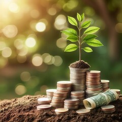 Green plant sprouts from a pile of coins, symbolizing growth and investment
