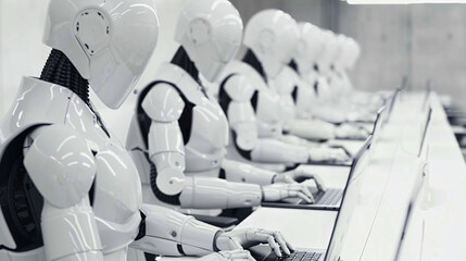 a group of robots sitting at computers