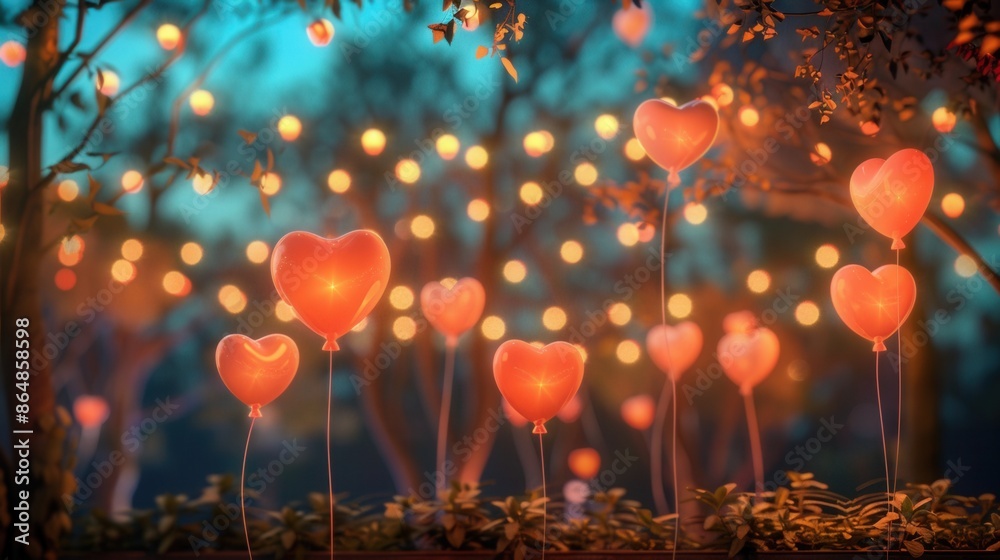 Poster a beautiful evening scene with heart-shaped balloons floating in the air, perfect for creating a rom