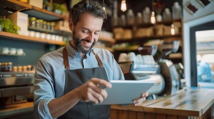 Cafe man and business owner on tablet for restaurant sales online management or customer service reviews Happy entrepreneur waiter or barista typing on digital technology for coffee sh : Generative AI