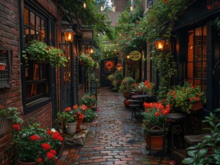 Fototapeta premium A serene alley with a brick wall and flower boxes under the windows.