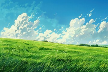 Green field with a blue sky and white clouds in a peaceful nature scene. Tranquil landscape illustration for wallpaper or background.