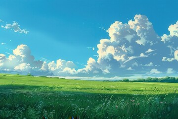 Peaceful landscape with blue sky, white clouds, and green grass field.  Natural scenery with sunshine and fresh air. Concept of calmness, tranquility, and peace of mind.