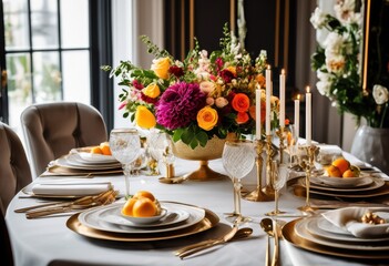 Fototapeta premium elegant breakfast table adorned fresh flowers stylish dining experience, bouquet, bloom, centerpiece, chic, classy, colorful, contemporary, decoration