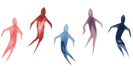 Colorful silhouettes of human figures in abstract watercolor style, floating in various poses in isolated on transparent background
