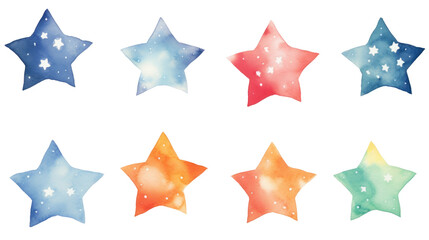 Fototapeta premium Colorful watercolor star shapes with various patterns and hues. Perfect for creative designs, crafts, and digital projects in isolated on transparent background