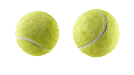 Two bright green tennis balls in isolated on transparent background. Ideal for sports, fitness, and recreation concepts in stock photography.