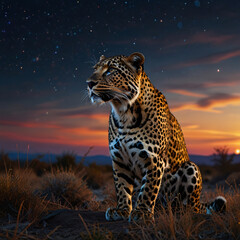 Leopard in Starlit Savannah Sunset