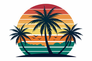 Vintage Beach with palms tree and sunset, vector summer T-Shirt Design