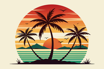Vintage Beach with palms tree and sunset, vector summer T-Shirt Design