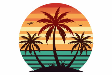 Vintage Beach with palms tree and sunset, vector summer T-Shirt Design