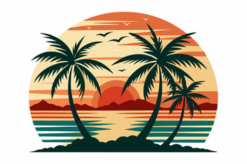 Vintage Beach with palms tree and sunset, vector summer T-Shirt Design