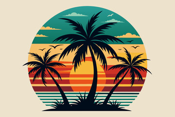 Vintage Beach with palms tree and sunset, vector summer T-Shirt Design