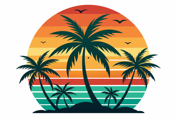 Vintage Beach with palms tree and sunset, vector summer T-Shirt Design