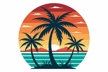 Vintage Beach with palms tree and sunset, vector summer T-Shirt Design