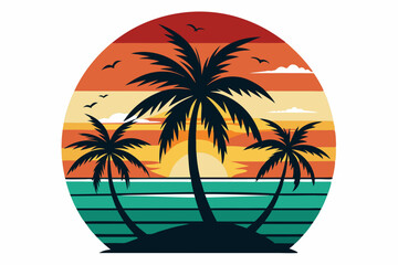 Vintage Beach with palms tree and sunset, vector summer T-Shirt Design