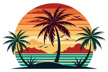 Vintage Beach with palms tree and sunset, vector summer T-Shirt Design
