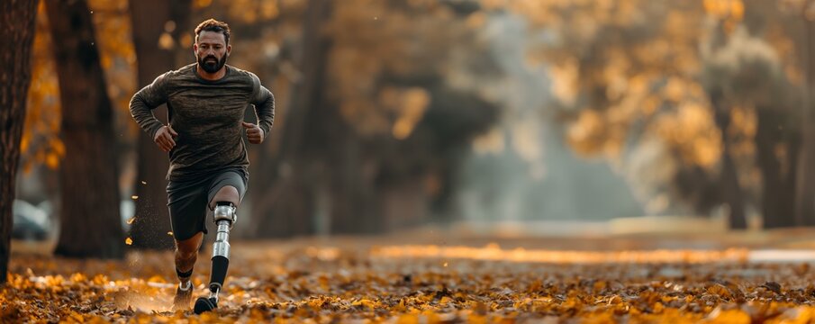 A man with a prosthetic leg jogging in a park filled with autumn leaves, showcasing resilience, nature, and the beauty of the fall season in an empowering scene.
