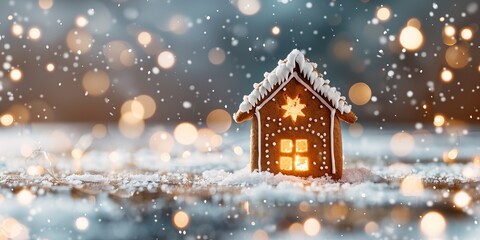 Cozy gingerbread house with glowing windows surrounded by snowy landscape and twinkling lights. Perfect festive winter scene.